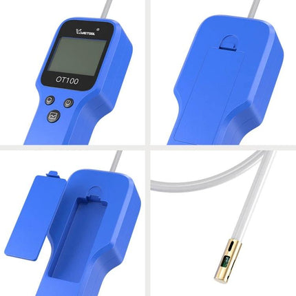 Essential Brake Fluid Quality Checker for Vehicle Safety - blue handheld OT100 probe device showing LCD, buttons, battery cover and probe tip