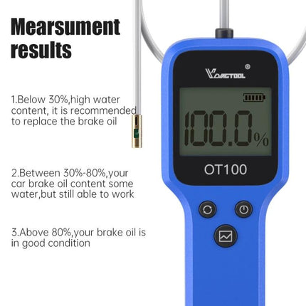 Essential Brake Fluid Quality Checker for Vehicle Safety handheld probe meter showing 100.0% reading and quick reservoir test instructions