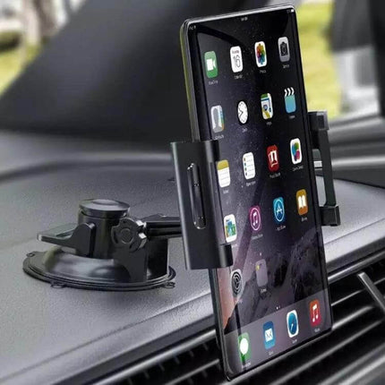 Universal Car Dashboard Tablet Holder with Suction Cup Mount securing tablet on dashboard for hands-free navigation and entertainment