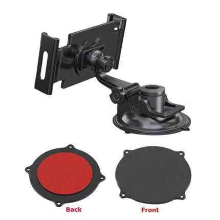 Universal Car Dashboard Tablet Holder with Suction Cup Mount showing adjustable arm, suction base and dashboard adhesive pads for secure hands-free use