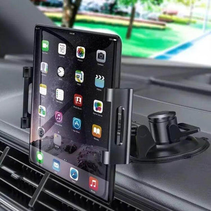 Universal Car Dashboard Tablet Holder with Suction Cup Mount securing a tablet on a car dashboard for hands-free navigation and entertainment