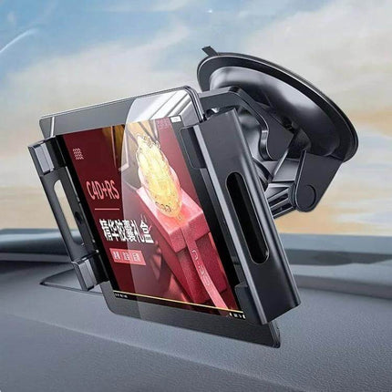 Universal Car Dashboard Tablet Holder with Suction Cup Mount secured on dashboard holding tablet for navigation and entertainment