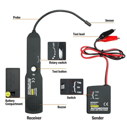 EM415 Detector for Car Electrical Troubleshooting at Home - handheld receiver and sender kit with probe, test lead, rotary switch and buzzer for wire tracing
