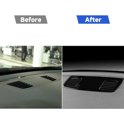 Decorative Sticker for BMW 3 Series Air Outlet Panel shown before and after installation, glossy black ABS self-adhesive interior trim