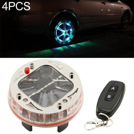 Solar LED Car Tire Decoration Lights For Night Driving 4 Pack - glowing blue wheel accent lights with solar panel and remote control