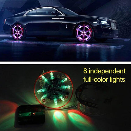 Solar LED Car Tire Decoration Lights For Night Driving 4 Pack showcasing purple wheel accents on luxury car and LED units illuminating multicolor glow