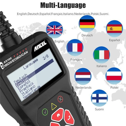 Ancel Device for Everyday Car Maintenance Checks handheld OBDII scanner showing multi-language menu and country flags