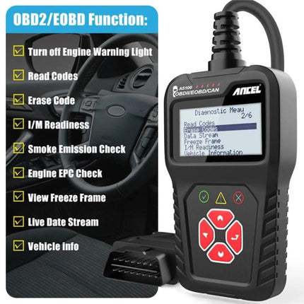 Ancel Device for Everyday Car Maintenance Checks - handheld OBD2 scanner showing live data, read/erase codes and I/M readiness in driveway