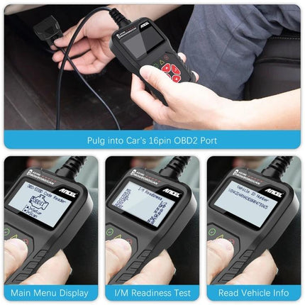 Ancel Device for Everyday Car Maintenance Checks - handheld OBD2 scanner plugged into car reading codes and live data