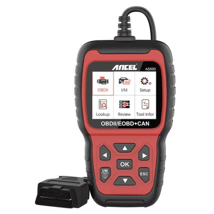 Ancel OBDII Scanner for Routine Vehicle Maintenance Checks - handheld red/black OBDII reader with cable and connector
