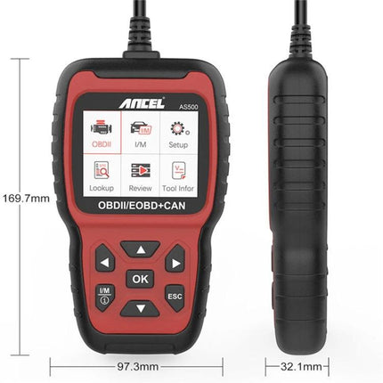 Ancel OBDII Scanner for Routine Vehicle Maintenance Checks - handheld red OBDII/EOBD+CAN code reader with display and buttons