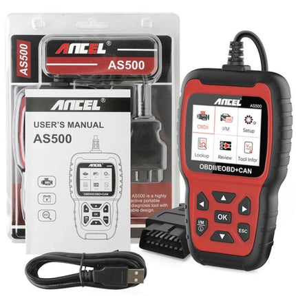 Ancel OBDII Scanner for Routine Vehicle Maintenance Checks - handheld AS500 diagnostic tool with cable and manual