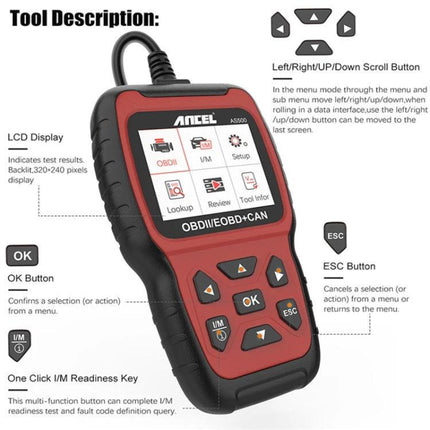 Ancel OBDII Scanner for Routine Vehicle Maintenance Checks - handheld OBDII/EOBD CAN diagnostic tool with LCD for home and roadside checks