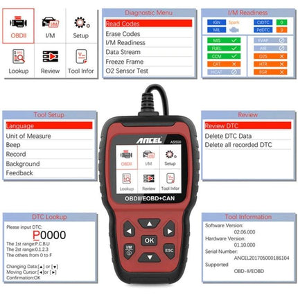 Ancel OBDII Scanner for Routine Vehicle Maintenance Checks handheld code reader showing diagnostic menus and I/M readiness screens