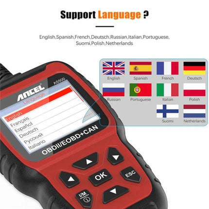 Ancel OBDII Scanner for Routine Vehicle Maintenance Checks handheld red OBDII code reader showing language options on screen and flags
