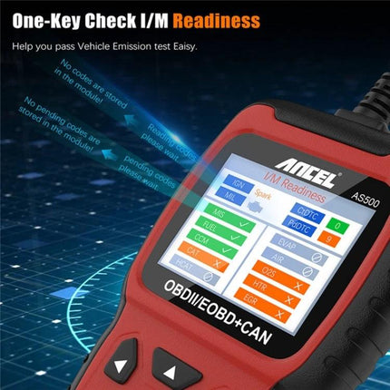 Ancel OBDII Scanner for Routine Vehicle Maintenance Checks handheld diagnostic tool showing I/M readiness screen