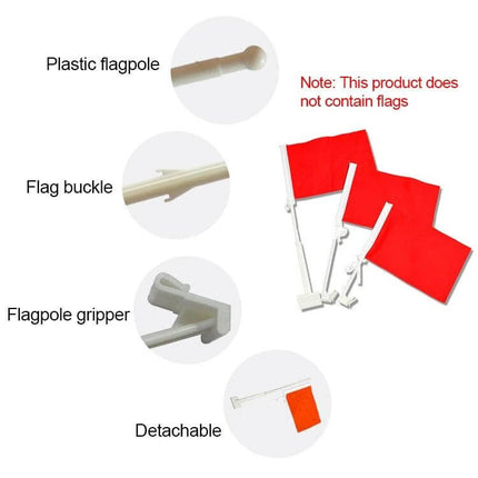 Clip-On Plastic Flagpole for Car Windows, 43cm Length, Pack of 10 - white detachable clip-on flagpoles shown with red flags and close-up of buckle and gripper