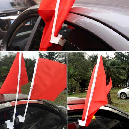 Clip-On Plastic Flagpole for Car Windows, 43cm Length, Pack of 10 attached to car window showing white plastic clip and red flag