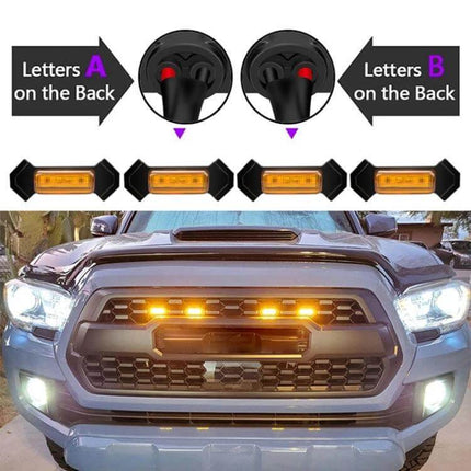 Toyota Tacoma TRD 5-In-1 LED Front Grille Lights For Daytime Driving shown installed on Tacoma grille with amber daytime running LEDs