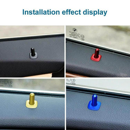 BMW Door Latch Pin Cap Covers Black Universal Fit Decor Trim installed on car door latch pins showing black red gold blue color options