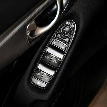 Carbon Fiber Decorative Stickers for Infiniti Q50 Window Lift Panels applied to driver-side window control panel, textured carbon fiber interior trim