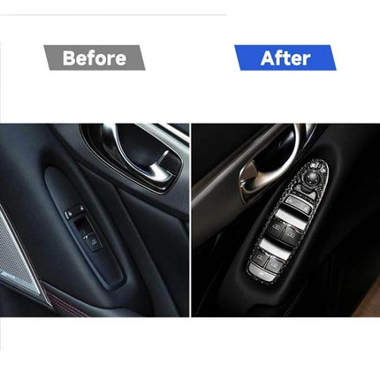 Before and after interior view showing Carbon Fiber Decorative Stickers for Infiniti Q50 Window Lift Panels applied to the driver door controls