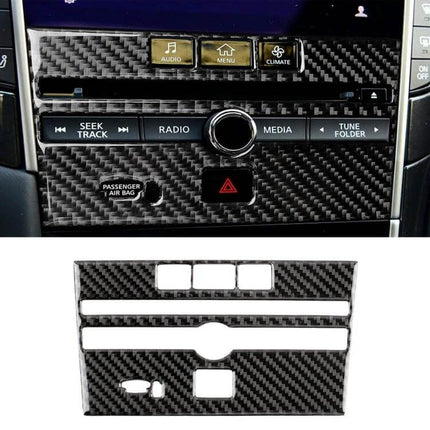Carbon Fiber CD Console Panel Sticker for Infiniti Q50 and Q60 installed on dashboard showing carbon fiber finish
