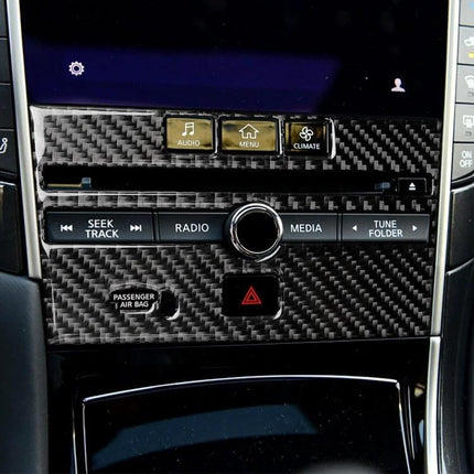 Carbon Fiber CD Console Panel Sticker for Infiniti Q50 and Q60 on dashboard showing carbon fiber finish and control buttons
