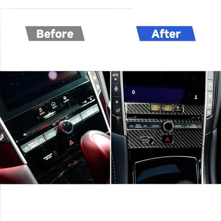 Carbon Fiber CD Console Panel Sticker for Infiniti Q50 and Q60 installed on center console showing before and after interior upgrade