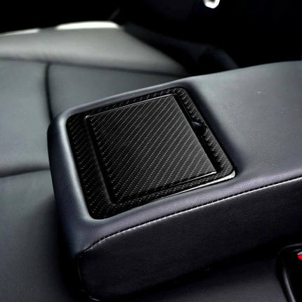 Decorative Carbon Fiber Sticker for Infiniti Q50 Q60 Cup Holder applied to rear cup holder panel showing textured carbon fiber finish