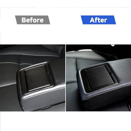 Decorative Carbon Fiber Sticker for Infiniti Q50 Q60 Cup Holder shown before and after installation on rear water cup holder panel
