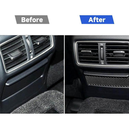 Before and after installation showing Carbon Fiber Decorative Sticker for Infiniti Q50 Q60 Rear Seat Ashtray applied to rear ashtray panel