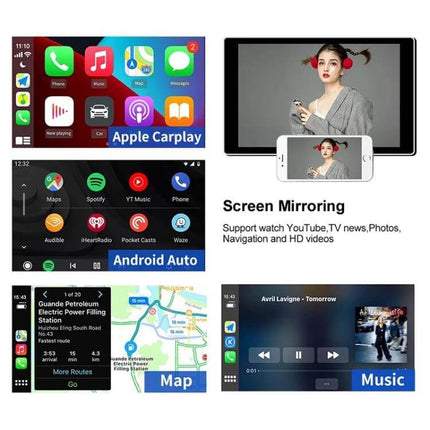 Wireless CarPlay Adapter for Android and iOS Vehicles showing Apple CarPlay, Android Auto, screen mirroring, maps and music