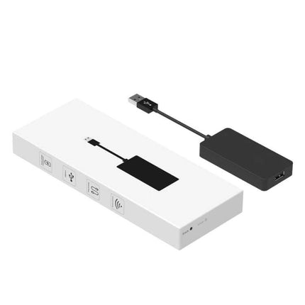 Wireless CarPlay Adapter for Android and iOS Vehicles plugged into car infotainment USB for hands-free navigation and music