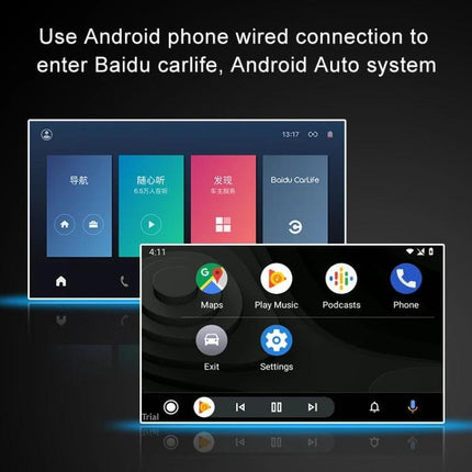 Wireless CarPlay Adapter for Android and iOS Vehicles showing Android Auto and infotainment screen integration