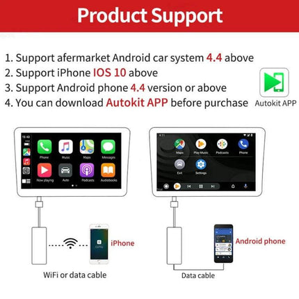 Wireless CarPlay Adapter for Android and iOS Vehicles showing iPhone and Android phone connection options and product support