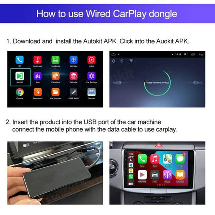 Wireless CarPlay Adapter for Android and iOS Vehicles shown plugged into car USB with phone screen displaying CarPlay interface