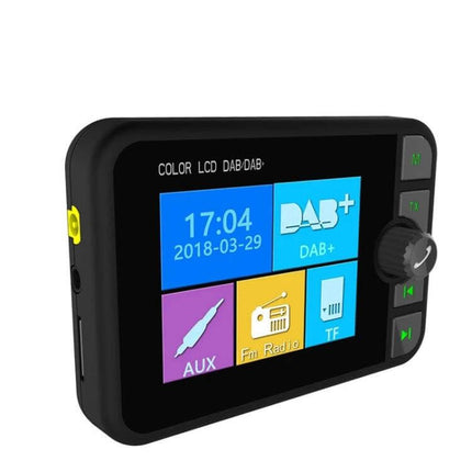 DAB-C6 Car DAB Radio Receiver With Bluetooth FM Transmitter showing color LCD, menu icons, AUX jack and control knob