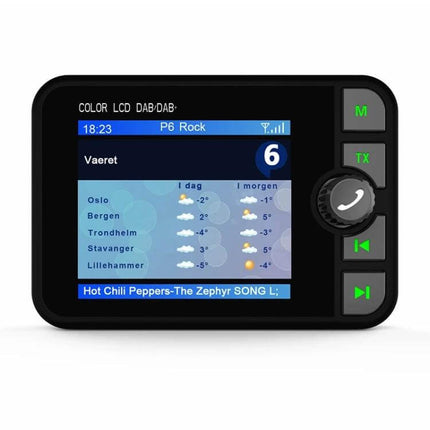 DAB-C6 Car DAB Radio Receiver With Bluetooth FM Transmitter showing color LCD screen and control buttons