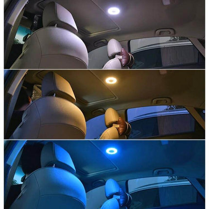 Car Round Dome Reading Light For Interior Nighttime Reading showing bright white, warm and blue modes installed in car ceiling for focused glare-free reading
