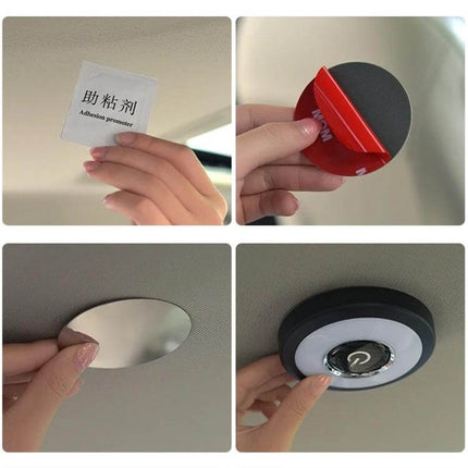 Car Round Dome Reading Light For Interior Nighttime Reading - installation steps showing adhesive pad, mounting plate, and installed dome light