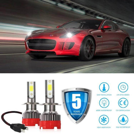 Two Pack Car LED Headlights for Everyday Driving and Safety - red sports car with installed 6000K LED bulbs, 360° beam, easy installation, 5-year warranty