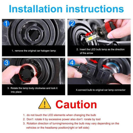 Two Pack Car LED Headlights for Everyday Driving and Safety - installation steps showing bulb removal, insert, rotate and connect for easy DIY upgrade