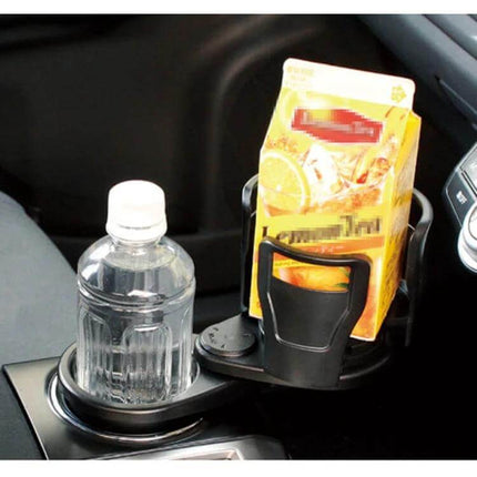 Practical Universal Black Car Cup Holder for Everyday Driving — universal black cup holder securing water bottle and juice box in car, easy install, anti-spill