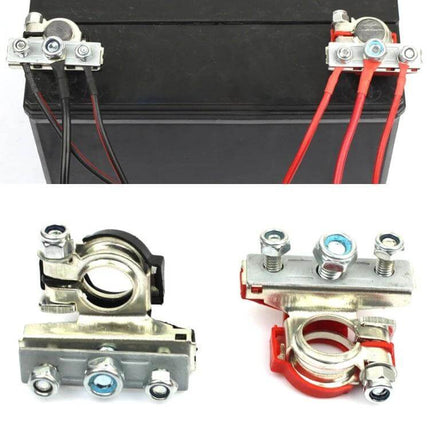 Foxsur Car Battery Terminal Clamp Kit For Wire Connectors installed on battery with red and black wiring for automotive electrical projects