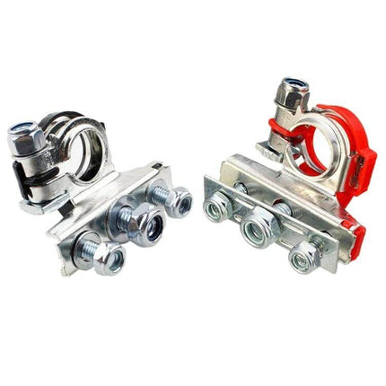 Foxsur Car Battery Terminal Clamp Kit For Wire Connectors showing positive (red) and negative metal clamps with multi-wire bolt terminals