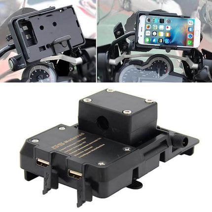 Universal Motorcycle Phone Holder with USB Charger Bracket mounted on handlebars showing dual USB ports and secure phone mount