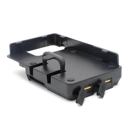 Universal Motorcycle Phone Holder with USB Charger Bracket showing black mount with dual USB ports and adjustable phone cradle