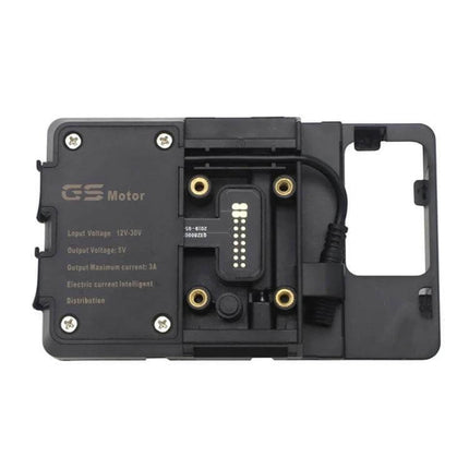Universal Motorcycle Phone Holder with USB Charger Bracket showing mount base, USB cable and charging connectors for handlebar installation