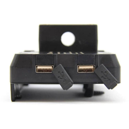 Universal Motorcycle Phone Holder with USB Charger Bracket mounted dual USB ports and protective caps for charging phones on handlebars